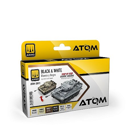 Conjunto Tintas Acrílicas ATOM - BLACK & WHITE - AMMO (Box x5 20ml + Glaze Medium 17ml + guia de pintura)