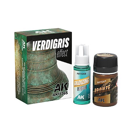 Conjunto EFEITO PÁTINA VERDEGRIS (OXIDAÇÃO REAL) - AK Interactive (1 tinta acrílica 35ml + 1 agente oxidante 18ml)