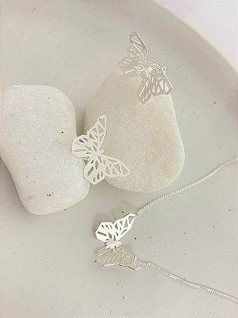 CONJUNTO BRINCO E COLAR 45CM BORBOLETA ORIGAMI VAZADA 20MM