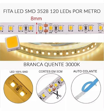 Fita de Led 3528 120 Leds IP20 Rolo 5 Metros Branco Quente