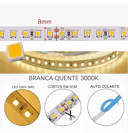 Fita de Led 3528 240 Leds IP20 Rolo 5 Metros Branco Quente