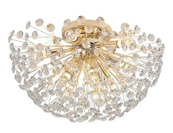 Plafon Sobrepor Ø45X30CM E14X8 Cristal Transparente E Alumínio Dourado