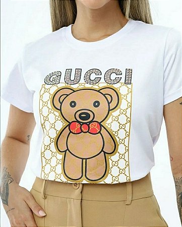T-shirt Camiseta Feminina Ursinho Gucci com Strass -  www.tendenciamfeminina.com.br