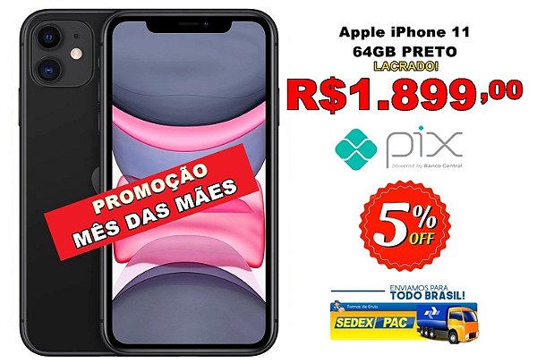 iPhone 11 Apple 64GB Preto, Tela de 6,1”, Câmera Dupla de 12MP, iOS
