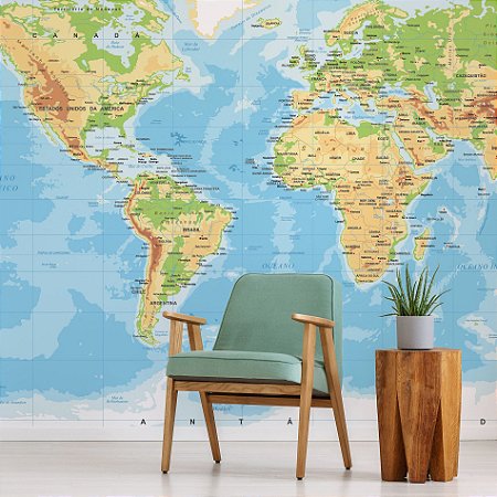 Papel de Parede Mapa Mundi Painel 6 rolos - 9m² - Papel de Parede