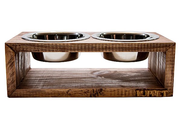 Comedouro Duplo De Madeira Personalizado Com Potes Inox Para Gatos E Cachorros C