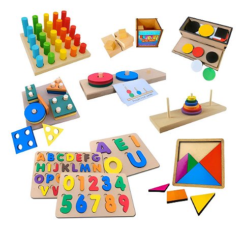 Kit 10 Brinquedos Educativo Infantil em Madeira e EVA Pedagógico Lúdico
