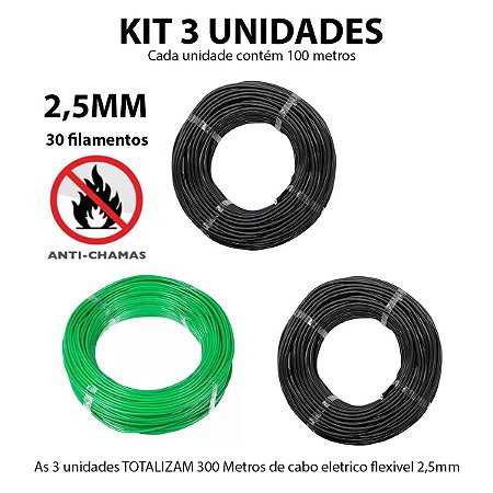 A14 Kit 3 Cabo Eletrico Flexivel 2,5mm 100 Metros Fio AntiChama Cores:2 Preto e