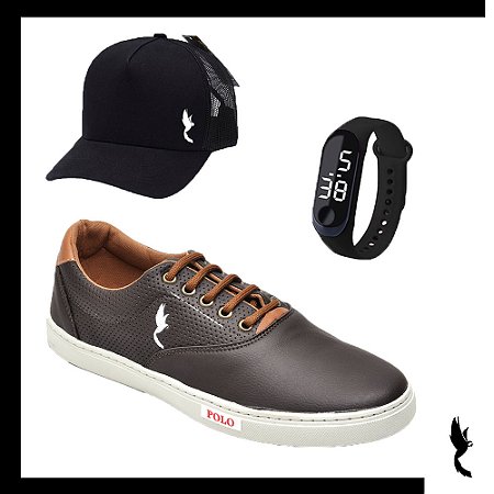 Tenis Masculino Casual Sintético Polo Blu Com Boné e Relógio Digital Combo do 37