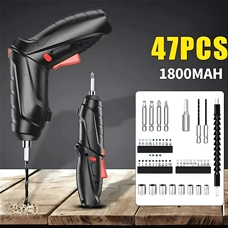 Kit Parafusadeira Mini Portatil Recarregável Usb e Maleta com 47 Chaves 360 Grau