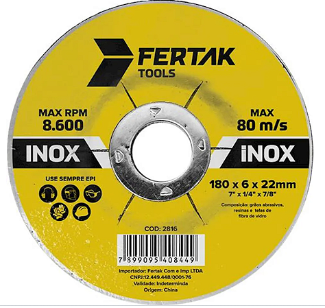Disco De Desbaste 1/4X7/8 180Mm Inox 2816 Fertak