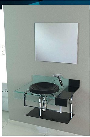 Conjunto Gabinete Lavatório Premium de Vidro Curvo 70x50cm 12mm Preto VB Cristais