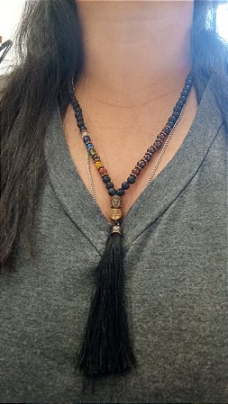 Japamala 108 pedras 6mm - Pedras Naturais Lava vulcânica/olho de tigre vermelha/7 chackras