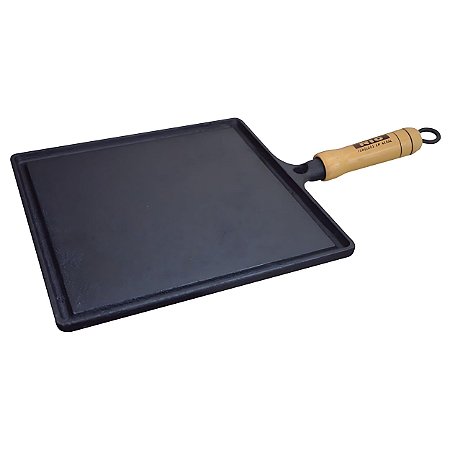 Chapa Bifeteira Ferro Fundido Quadrada Lisa 22cm Cabo Madeira