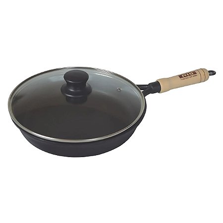 Frigideira Ferro Fundido Com Tampa Vidro 22cm Cabo Madeira