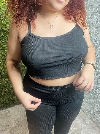 Pijama de Frio BLOGUEIRA CALÇA e CROPPED - Liso Canelado