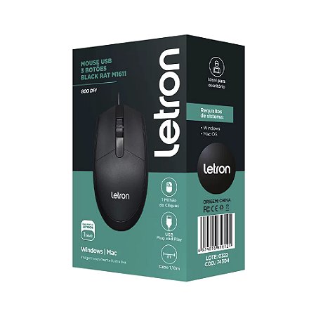 Mouse Letron Usb,3 Botoes, 1600 DPI, Black - Rat M1611