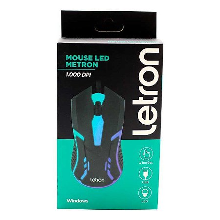Mouse Óptico Gamer com Led 3 Botões 1000DPI USB Metron- Letron