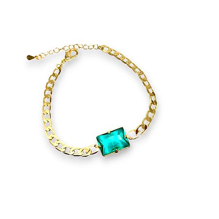 PULSEIRA CORRENTE COM PEDRARIA VERDE FOLHEADO A OURO 18K.