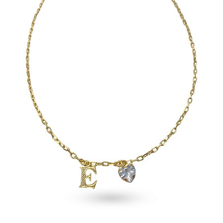 COLAR CHOKER LETRA "E" E PINGENTE CORAÇÃO  RAFAELA FOLHEADO  A OURO 18K.