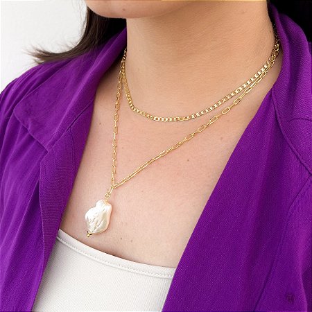 COLAR DUPLO GRUMET E CARTIER LUARA COM PÉROLA BANHADO A OURO 18K.