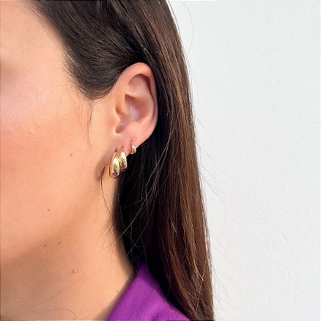 KIT TRIO BRINCO ARGOLA LISA CLICK GORDINHA BANHADO A OURO 18K.