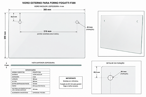 Vidro Forno F300 Fogatti Nardelli Terim 365x255 C/Furo