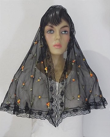Véu oval - Tule bordado - com flores coloridas