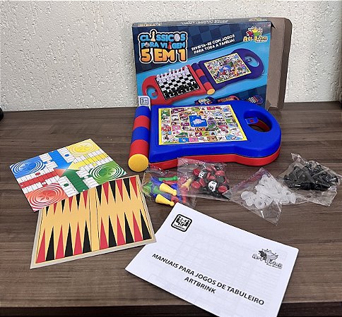 Jogo de Tabuleiro Infantil Clássicos Dama Ludo Gamão Xadrez 5 em 1