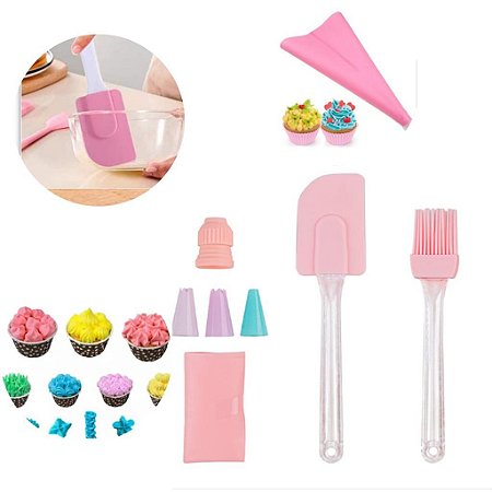 Kit Confeiteiro 7 Peças Silicone Pincel Espátula Decoração