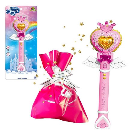 Varinha Rosa Mágica Asas Anjo com Luz e Som + Saco Presente