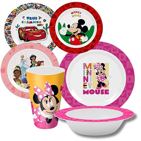 Kit Refeição Infantil de Personagens C/ 3 Peças Prato + Copo