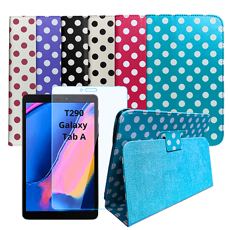 Kit Capa Suporte c/ Bolinhas Coloridas p/ Galaxy Tab A 8 Polegadas c/ Película