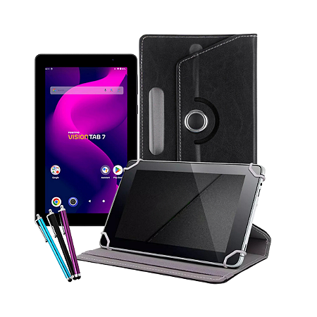 Kit Capa giratória 365 graus para Vision Tab 7 Polegadas Preto + caneta touch