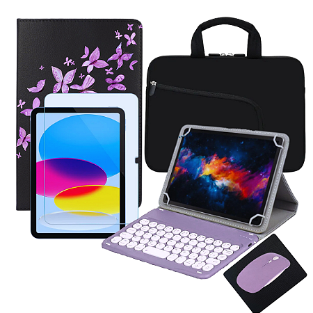 Kit Capa Giratória com Suporte Estampada Para iPad 10ª Geração + Película + Teclado e Mouse + Luva de Proteção + Mousepad