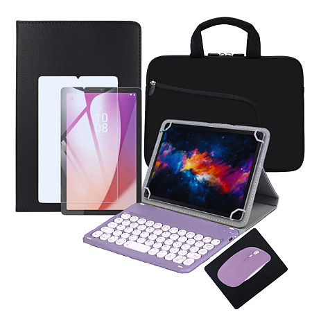 Kit Completo Capa Giratória com Suporte Para Tablet Lenovo Tab M9 + Película + Teclado e Mouse + Mousepad + Luva
