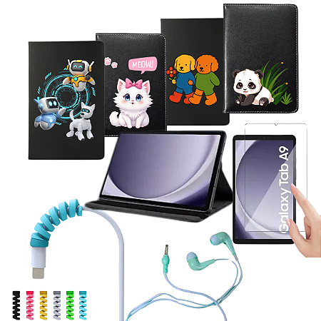 Kit capa giratória Tablet Para Samsung Galaxy Tab A9 + Pelicula + Fone + Protetor de cabo