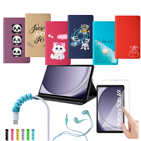 Capa Giratoria Para Tablet Samsung Tab A9 8.7." X115  Estampada com Pelicula de Vidro + Cabo Protetor + Fone