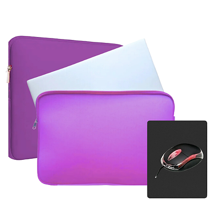 Kit Case Capa Luva Proteção para Notebook 17 polegadas Roxa + Mouse Led c/ Fio + Mouse Pad Preto
