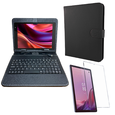 Kit Capa com Teclado Embutido Preta Universal 8" + Película de Vidro p/ Lenovo M9 | Proteção e Funcionalidade