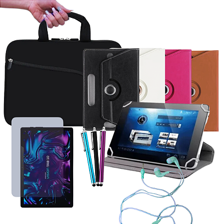Kit Completo para Tablet Vision Tab 10 | Capa Giratória 360, Luva de Proteção e Transporte, Película de Hidrogel, Caneta Touch Universal e Fone de Ouvido com Fio | Proteção e Funcionalidade