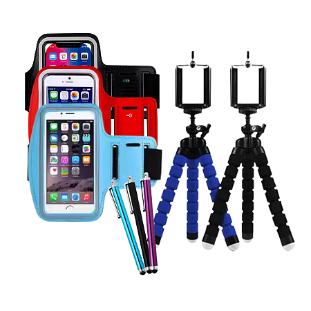 Kit Multiuso com Suporte Celular de Braço 5.8 Polegadas + Caneta Touch + Mini Tripé Impermeável Caminhada