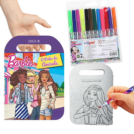 Livro Educativo para Crianças Barbie e Amizades para Colorir e Ler + Kit Canetinhas 12 Cores Minnie Disney Infantil Dive