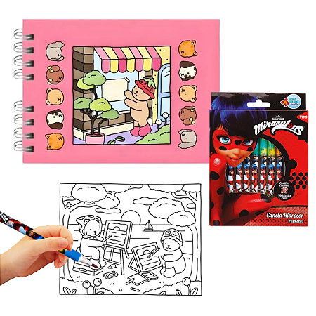 1.	Kit Livro de Colorir Anti Estresse Rosa Bobbie Goods Capa Dura 48 Desenhos + Kit 12 Canetas Hidrocor Ponta Fina Mirac