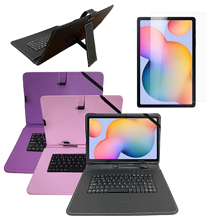 Kit Capa com Teclado Embutido 10 Polegadas + Película de Vidro Temperado para Tablet Samsung S6 Lite p610 p615 p613 | Pr