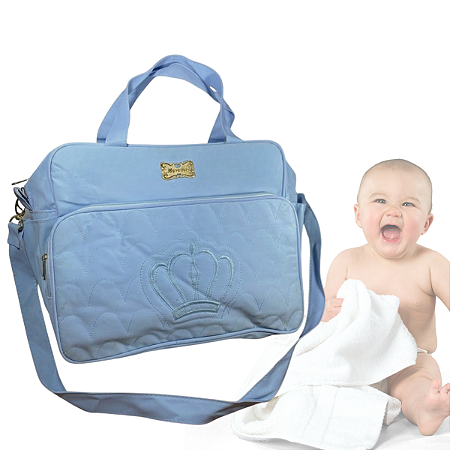 Bolsa Maternidade Azul com Bordado de Coroa Funcional P/Mães
