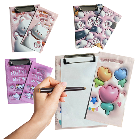 Kit Mini Prancheta Estampa Gatinhos + Bloco de Notas 40 Folhas Desenhos Fofos p/ Escritório Escola Papelaria