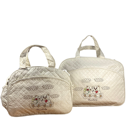 Kit Bolsa Maternidade Bege Ursinhos Bolsa Grande + Frasqueira