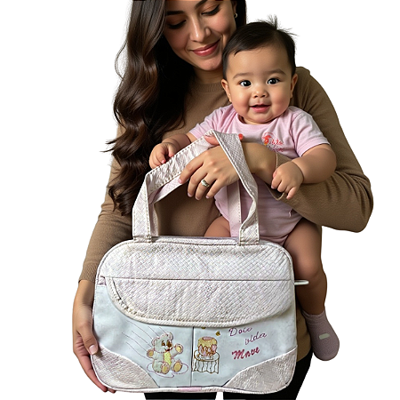 Bolsa Maternidade Rosa Urso Doce Vida Bordado: Espaço e Delicadeza