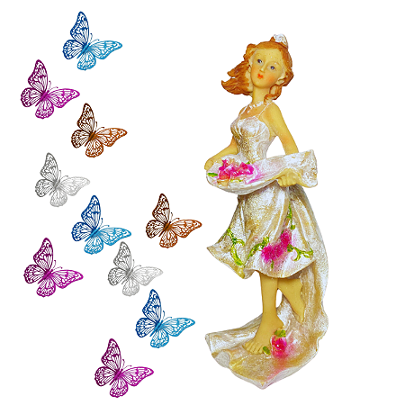 Noiva em Resina + Kit com 10 Borboletas de Decoração - Cores Sortidas e Elegantes